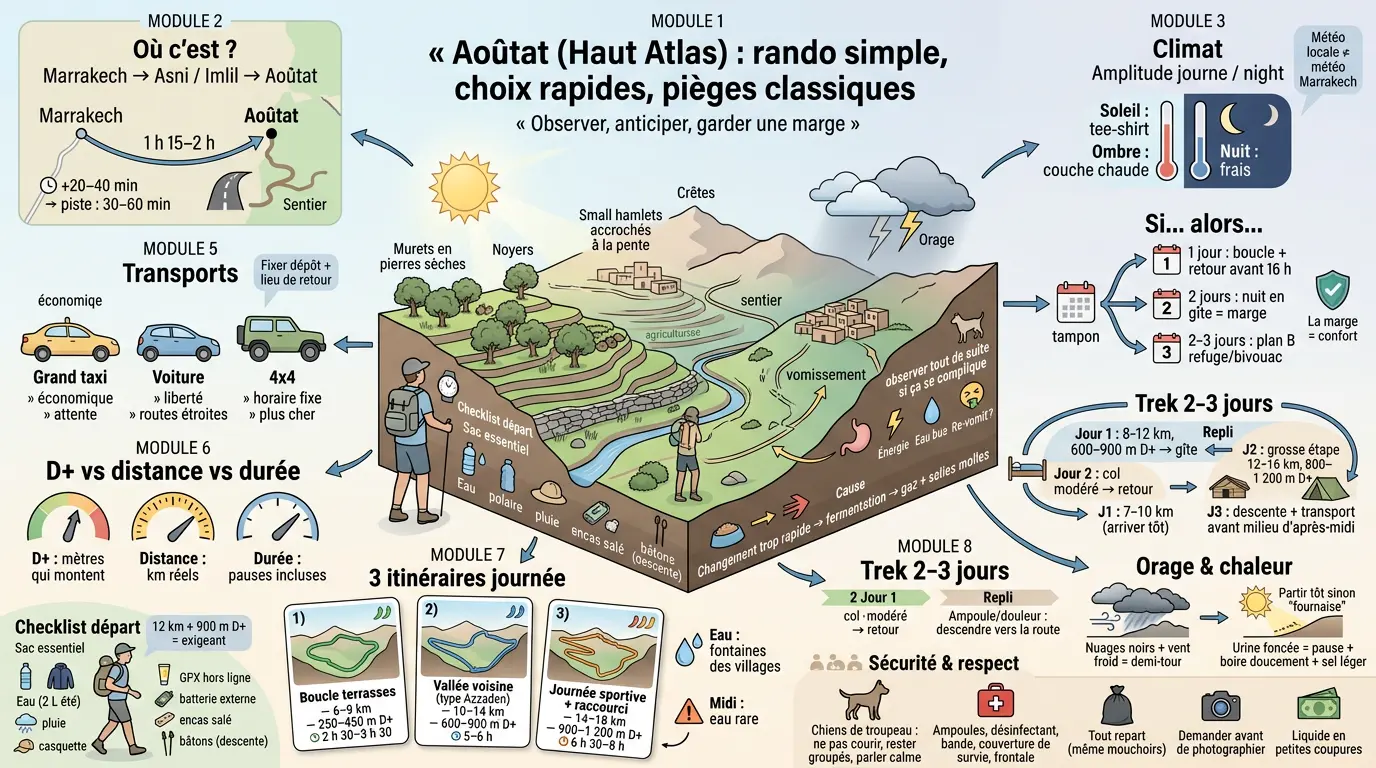 Infographie éducative sur l'aoutat dans le Haut Atlas, présentant des itinéraires, conseils de randonnée et observations clés.