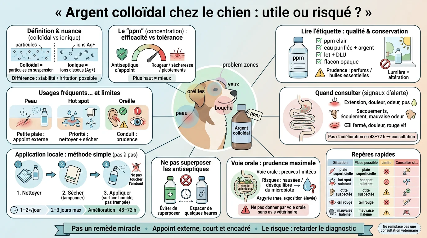 Infographie sur l'argent colloidal chien, ses usages, précautions et conseils pour une application sécurisée.