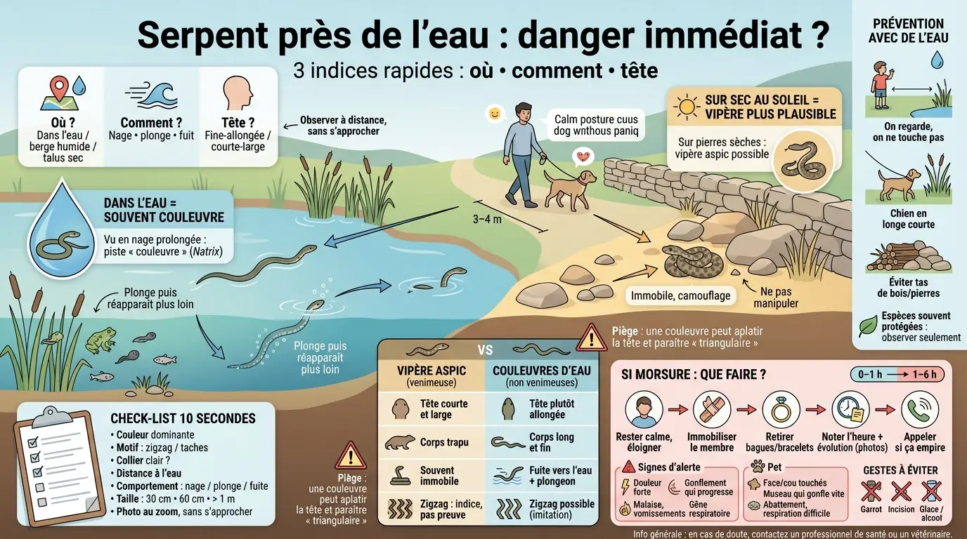 Infographie éducative sur l'aspic serpent eau, montrant une vipère et une couleuvre près d'un point d'eau, avec conseils pratiques.