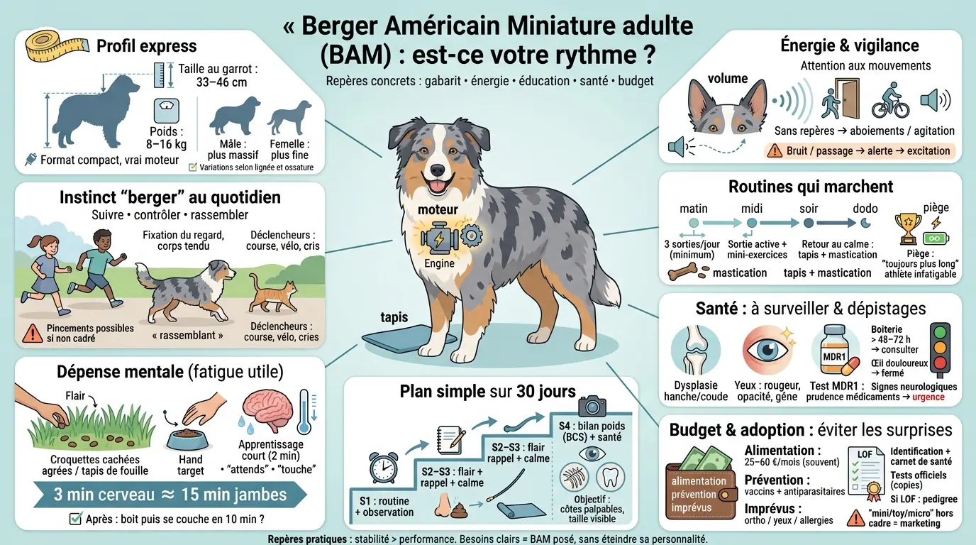 Infographie éducative sur le berger américain miniature adulte, présentant ses caractéristiques, énergie, éducation et santé.