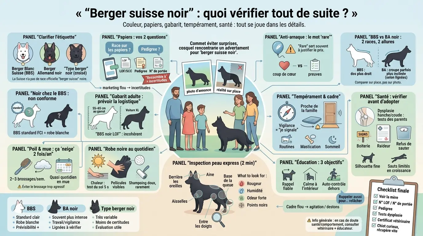 Infographie éducative sur le berger suisse noir : conseils pour éviter les surprises lors de l'adoption, avec comparaisons visuelles.