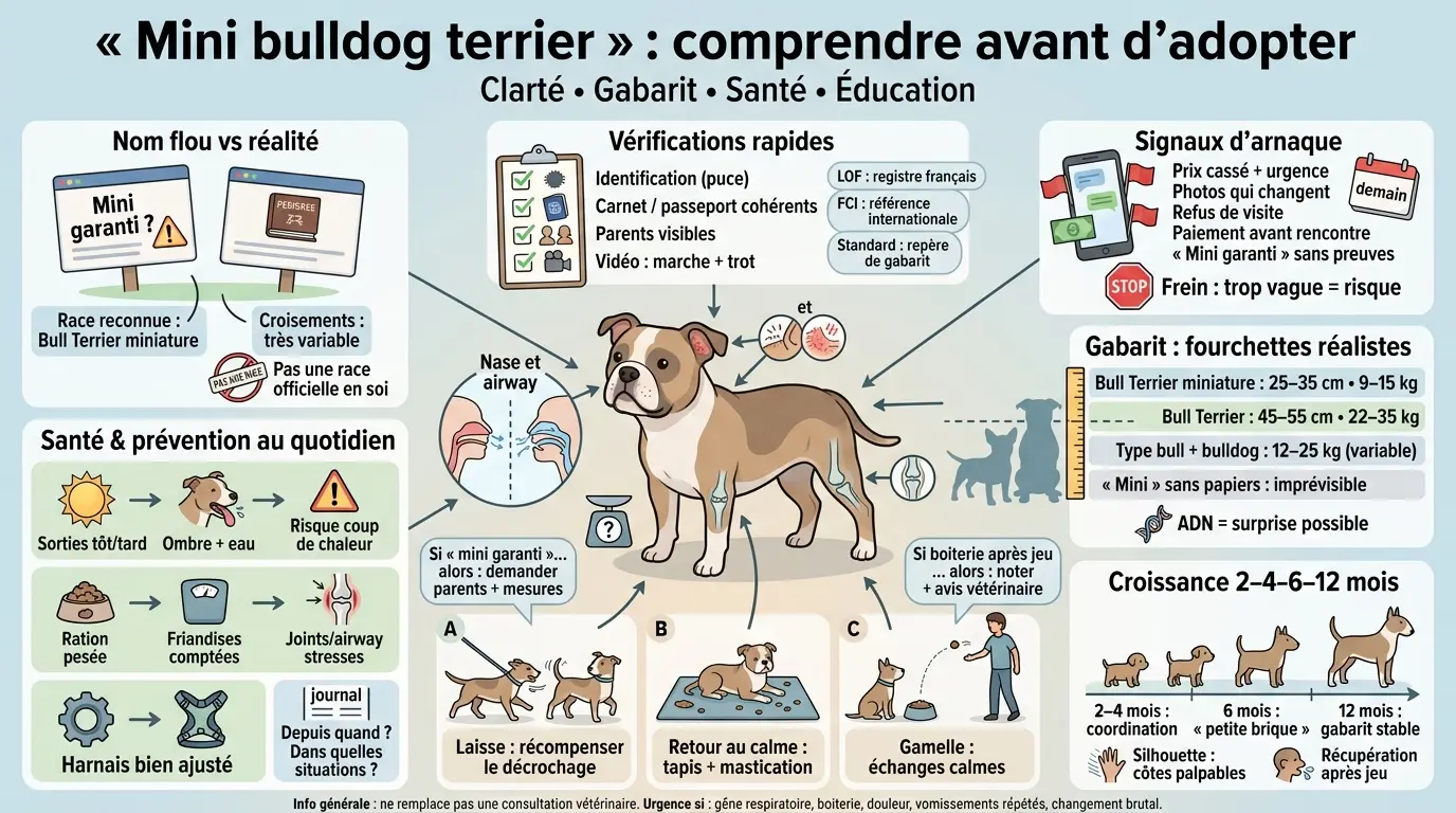 Infographie éducative sur le bulldog terrier mini, présentant vigilance, santé et conseils d'adoption avec illustrations claires.