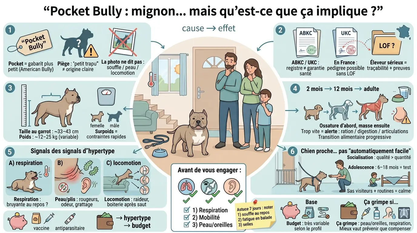 Infographie éducative sur le bully pocket, illustrant ses caractéristiques, soins et implications familiales.