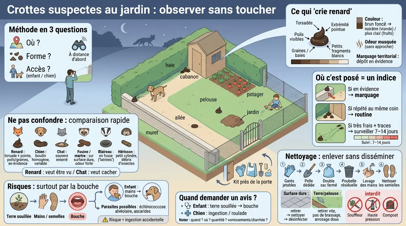 Infographie éducative sur le caca de renard dans un jardin familial, avec conseils d'observation et risques associés.