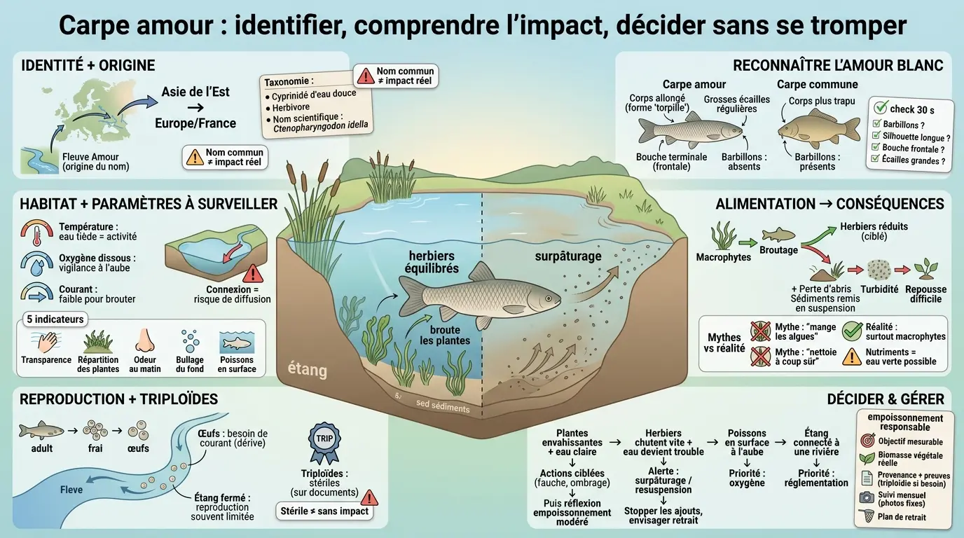 Infographie éducative sur la carpe amour, illustrant son habitat, son impact et des conseils d'observation dans un étang.