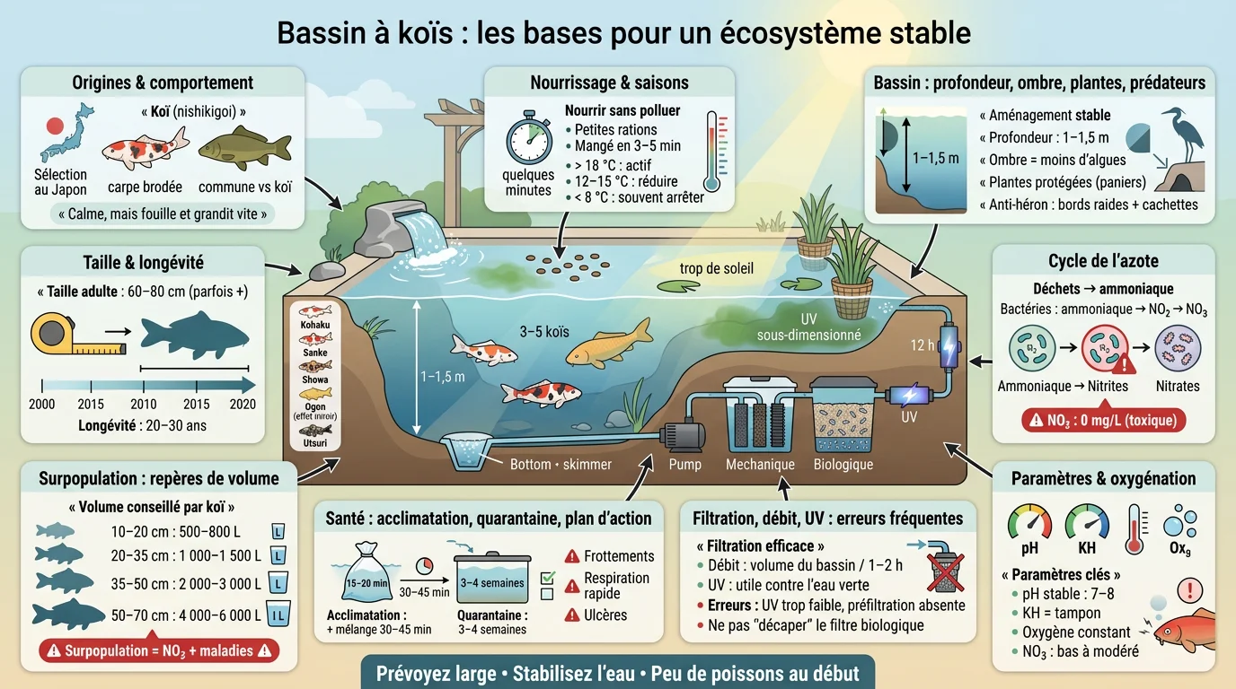 Infographie éducative sur l'écosystème d'un bassin à carpes koi, illustrant leur comportement, taille, filtration et santé.