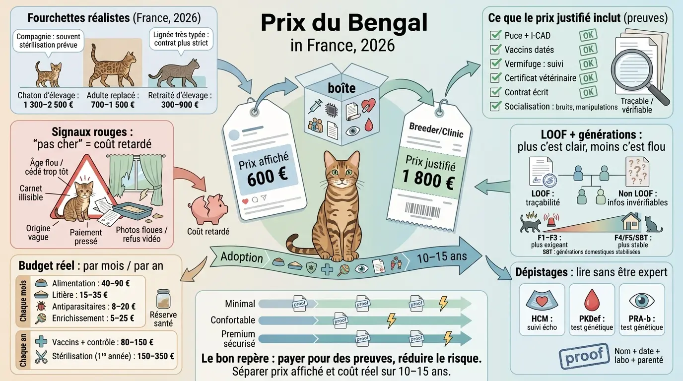 Infographie sur le chat bengal prix en France : comparaison entre prix affiché et coût justifié sur 10-15 ans.