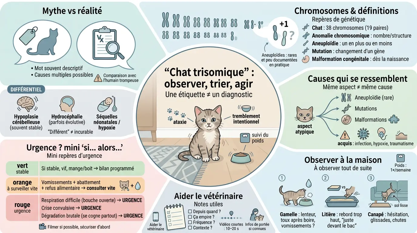 Infographie éducative sur le chat trisomique, illustrant ses caractéristiques, causes et observations à domicile.