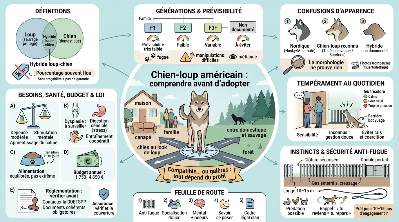 Infographie éducative sur le chien loup américain, illustrant ses caractéristiques, besoins et précautions avant adoption.