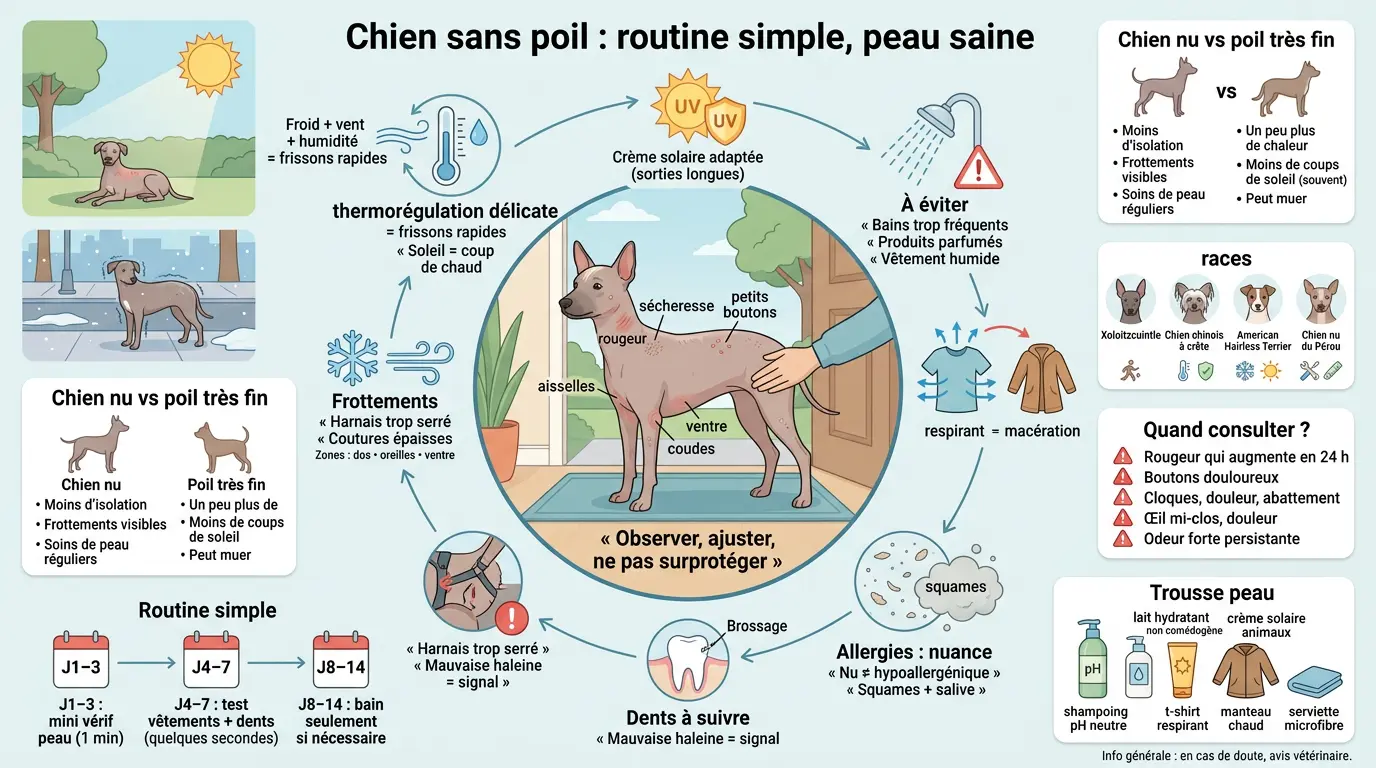Infographie éducative sur le chien sans poil, présentant routine, soins et prévention pour une peau saine.