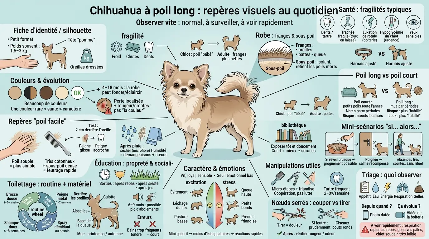 Infographie éducative sur le chiwawa poil long, présentant ses caractéristiques, soins et comportement.