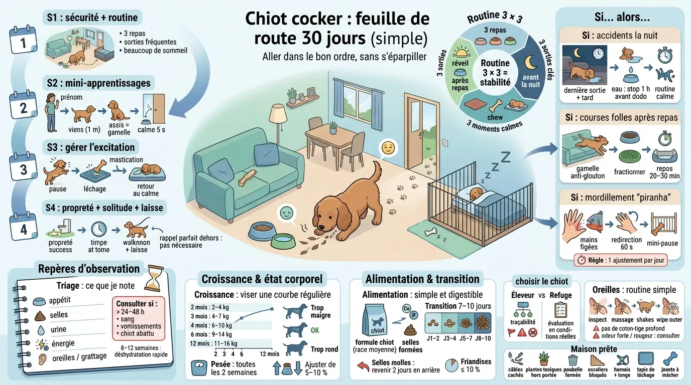 Infographie éducative sur les 30 premiers jours avec un cocker chiot, illustrant routines, observations et conseils pratiques.