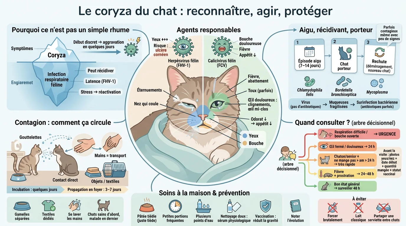 Infographie éducative sur le coryza chat, montrant symptômes, agents responsables et conseils de prévention avec illustrations colorées.