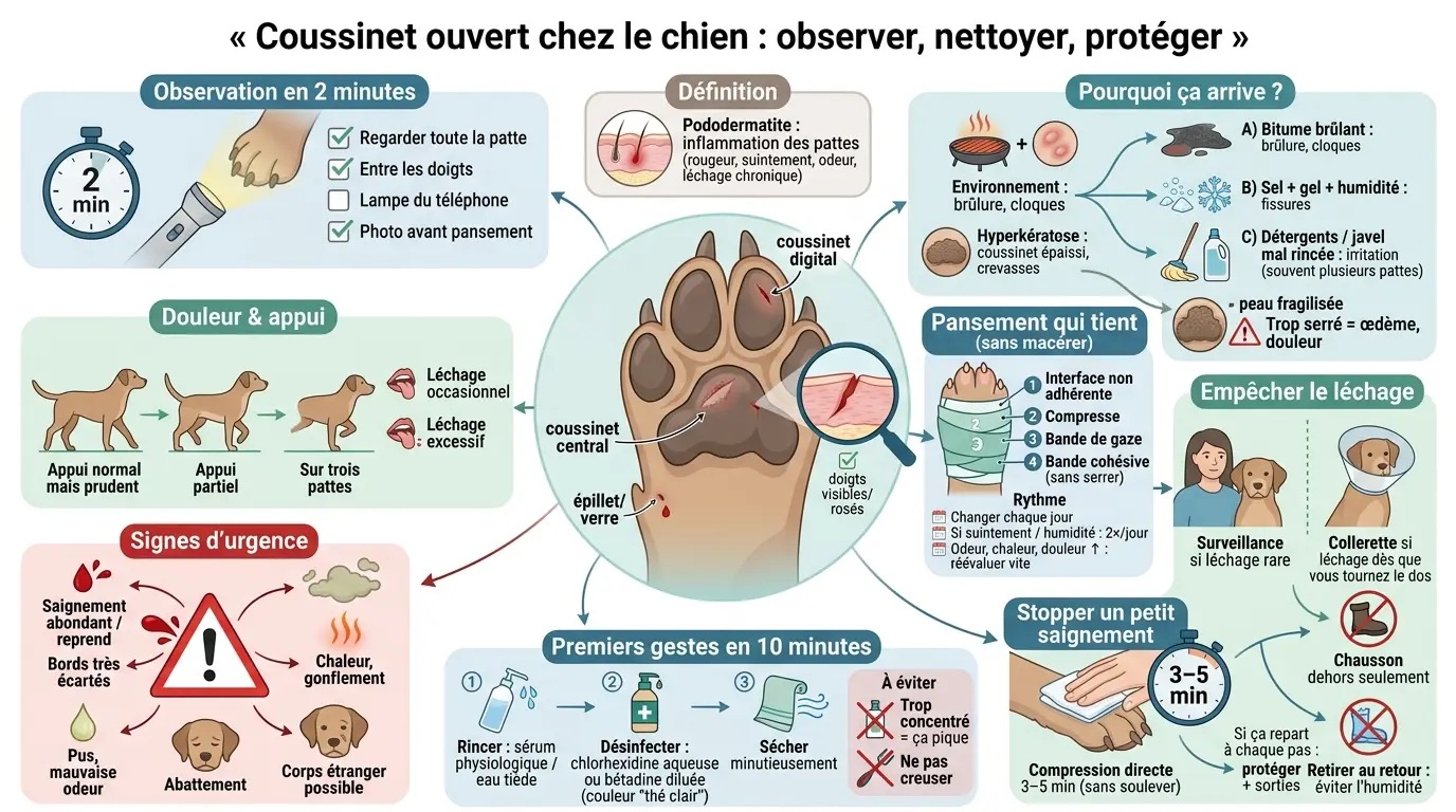 Infographie éducative sur les coussinets chien ouverts, montrant observation, premiers gestes et prévention des blessures.