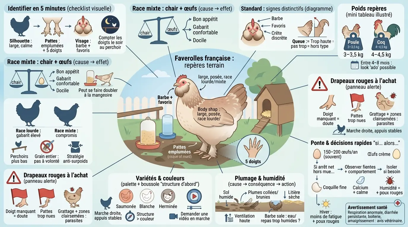 Infographie éducative sur la faverolles francaise, illustrant ses caractéristiques, son poids et conseils d'achat.
