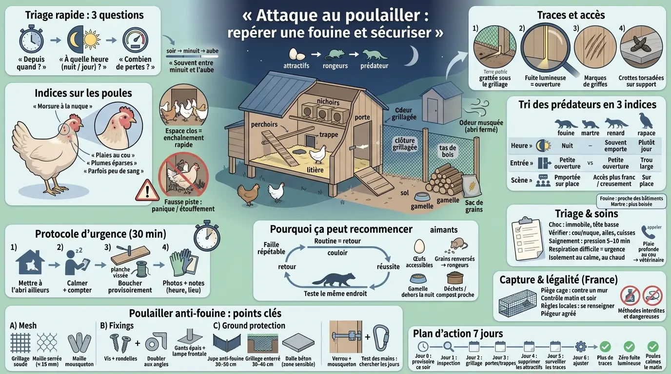 Infographie éducative sur la fouine poule : repérer les attaques, indices, et sécuriser le poulailler efficacement.