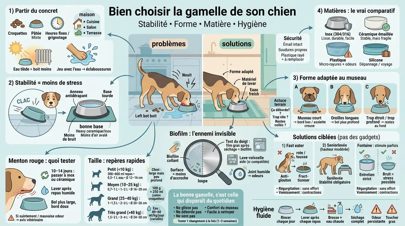Infographie éducative sur comment choisir la bonne gamelle chien, illustrant problèmes et solutions en cuisine.