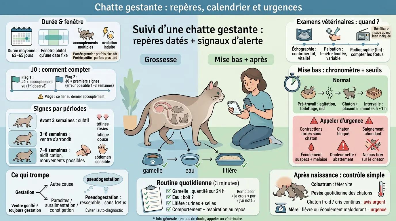 Infographie sur la gestation chat, montrant les étapes clés, signes d'alerte et suivi d'une chatte gestante.