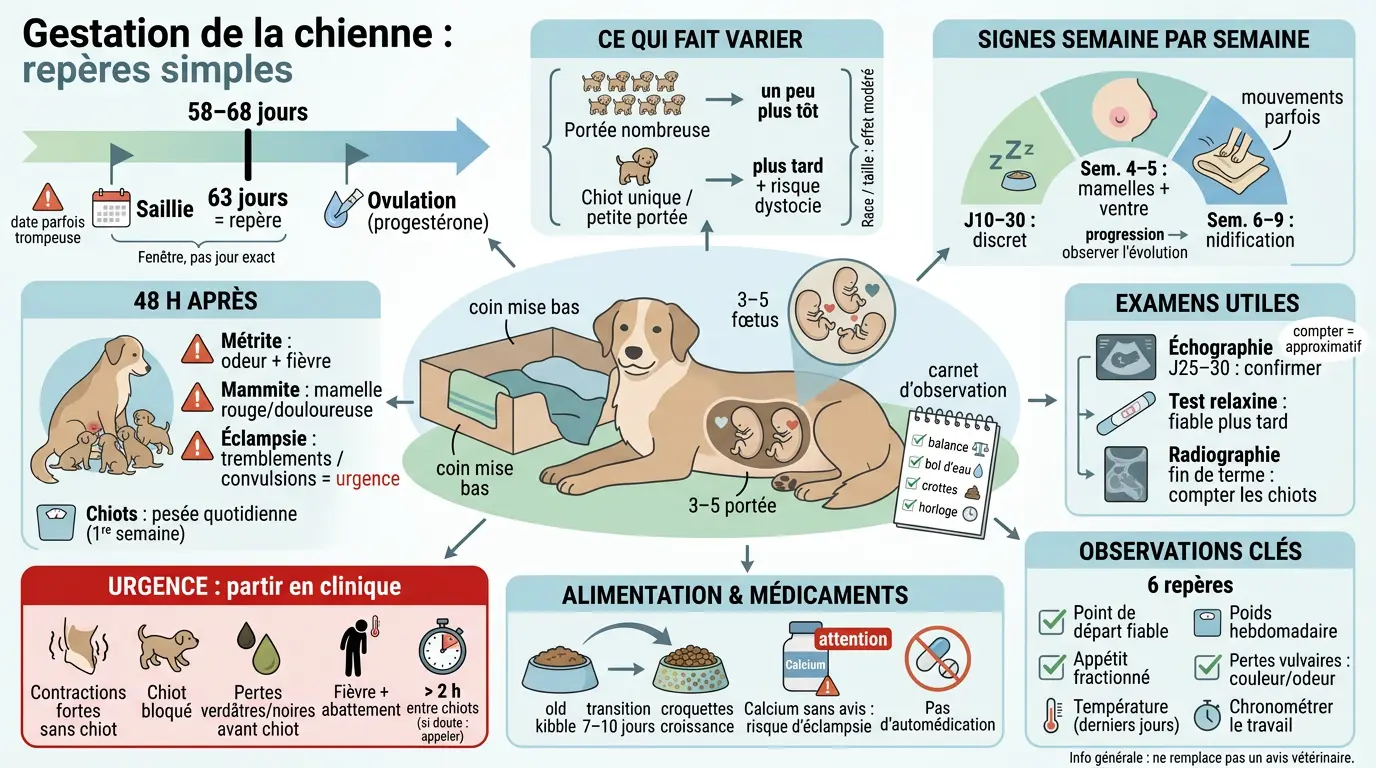 Infographie sur la gestation chien avec repères, examens utiles et urgences, illustrant la chienne enceinte et ses besoins.
