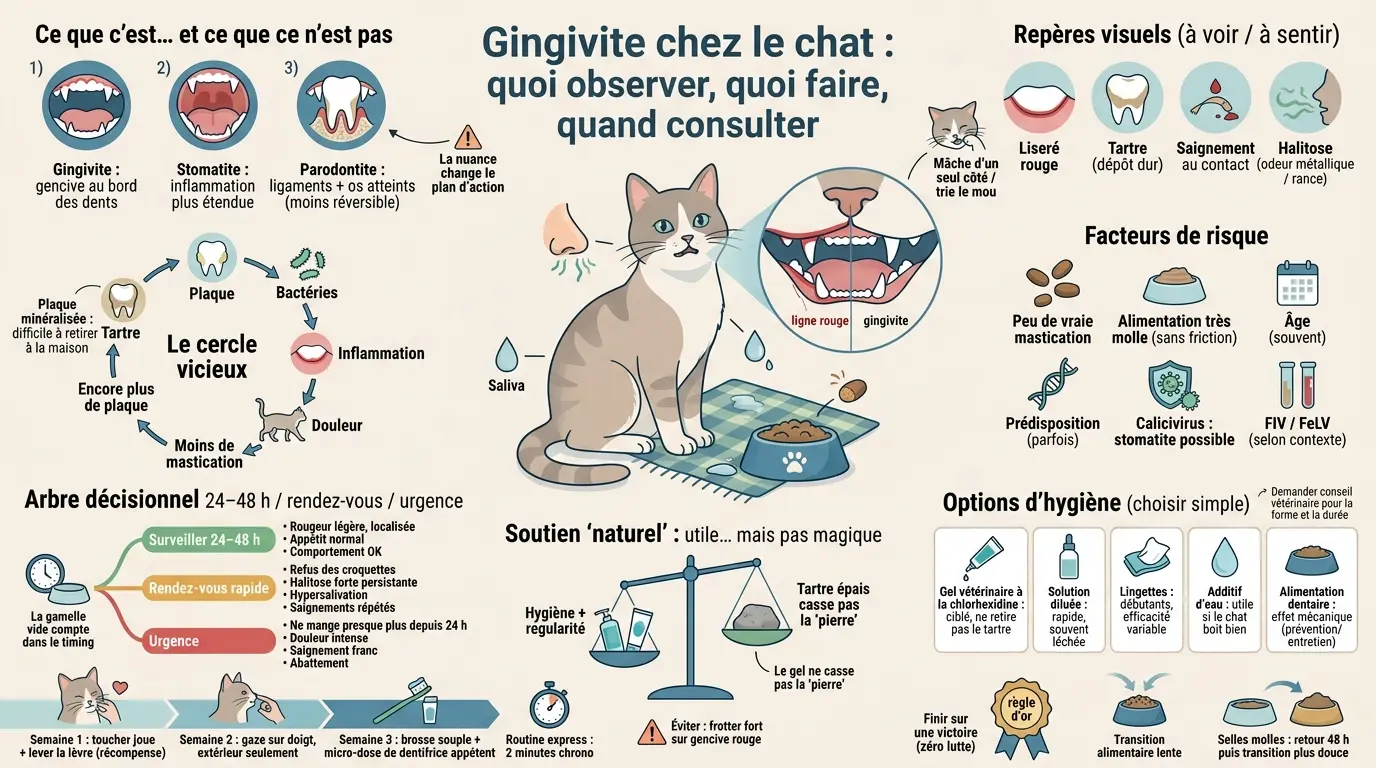 Infographie sur la gingivite chat traitement naturel, montrant les signes, les risques et les solutions d'hygiène.