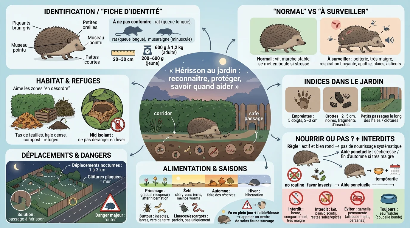 Infographie éducative sur le hérisson : identification, habitat, alimentation et conseils pour l'aider dans le jardin.