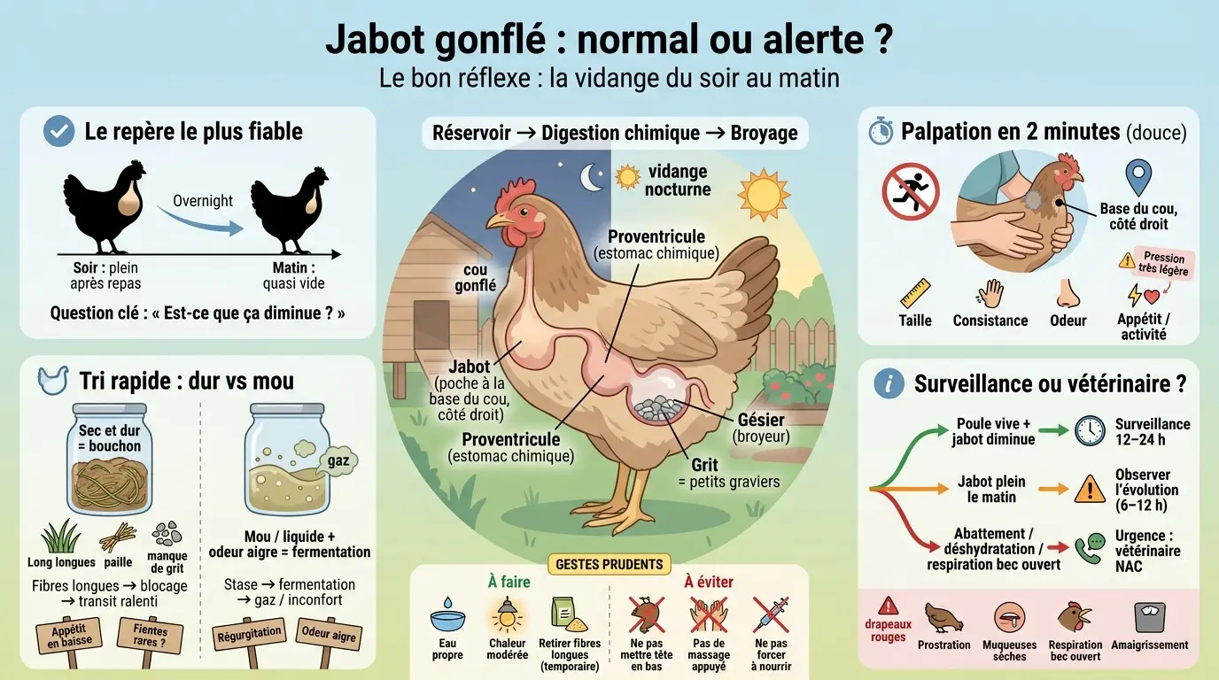 Infographie éducative sur le jabot poule, montrant la digestion, les signes de santé et les gestes prudents à adopter.