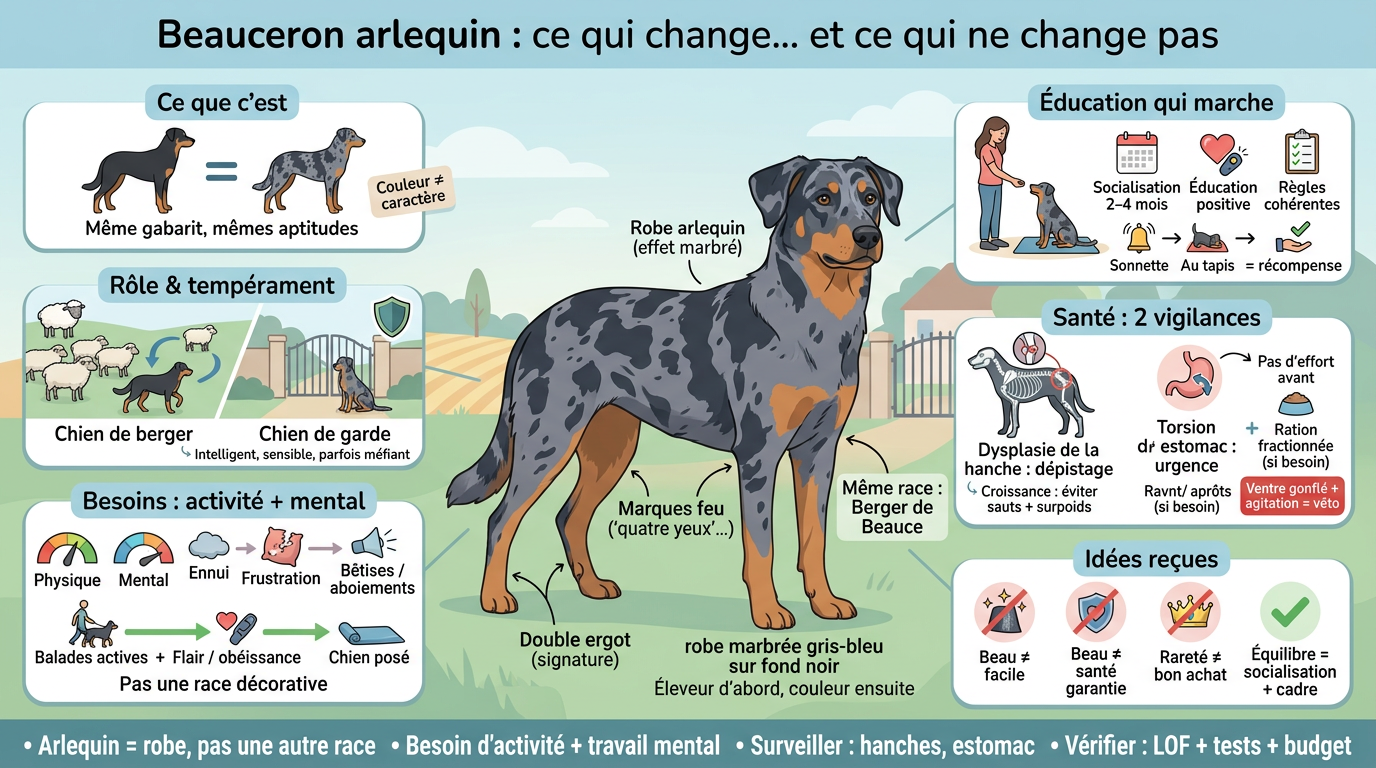 Infographie éducative sur le beauceron arlequin, illustrant ses caractéristiques, son rôle, ses besoins et mythes associés.