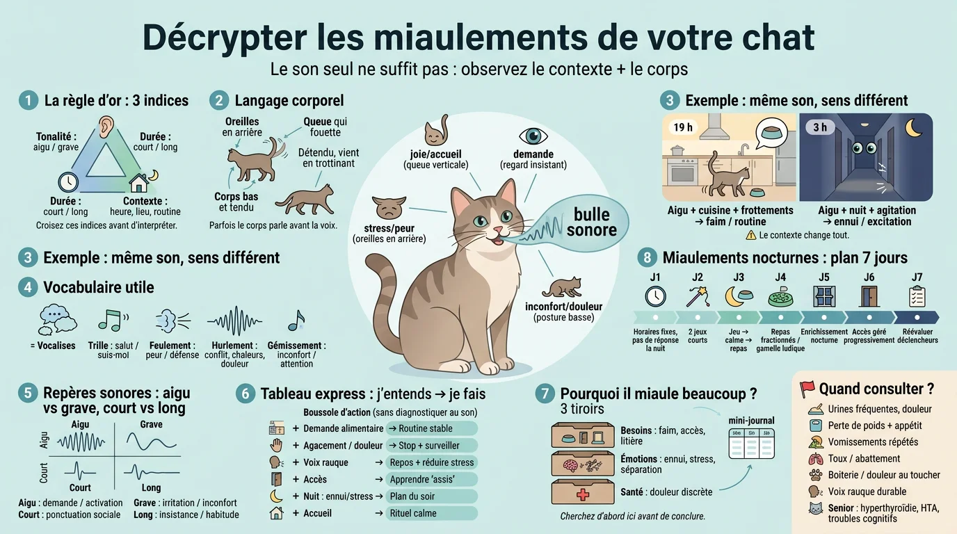 Infographie éducative sur le miaulement de chat, illustrant émotions, langage corporel et actions à entreprendre.