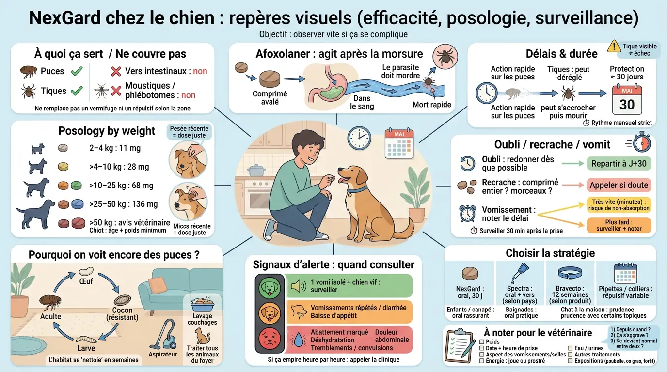 Infographie sur nexgard chien : propriétaire donne un comprimé à son chien, avec des repères visuels sur efficacité, posologie et surveillance.