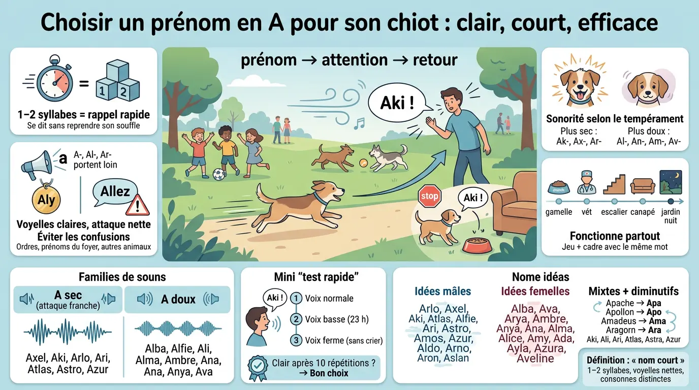 Infographie éducative sur le choix d'un nom de chien en a, montrant un chiot courant vers son maître dans un parc animé.