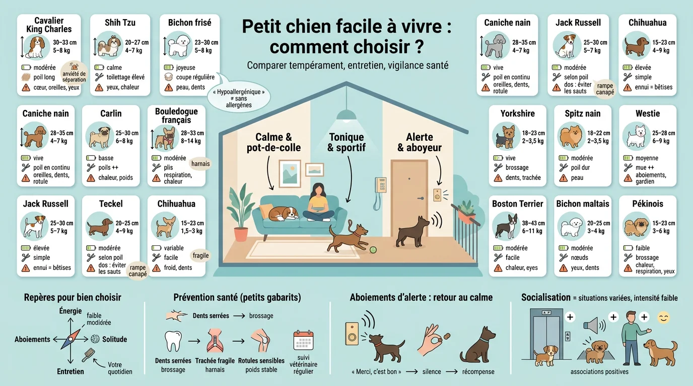 Infographie éducative sur le choix d'un petit chien, présentant 15 races et leurs caractéristiques dans un appartement cosy.