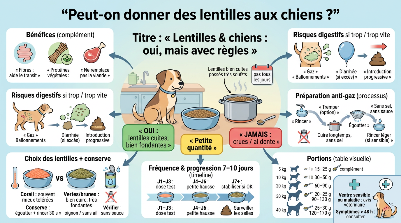Infographie éducative sur peut on donner des lentilles aux chiens, avec conseils sur portions, préparation et risques digestifs.