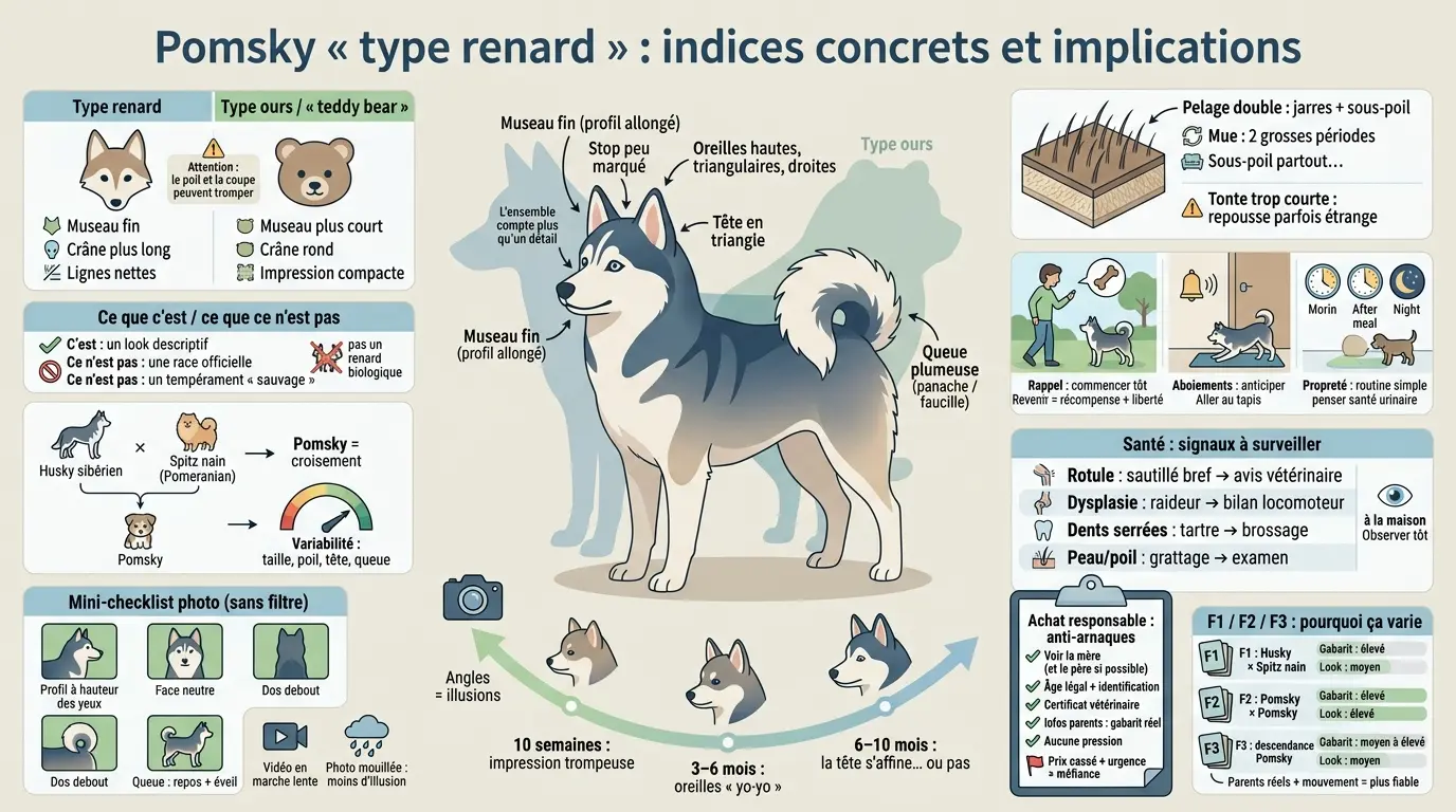 Infographie éducative sur le pomsky renard, présentant ses caractéristiques, comparaisons et conseils d'élevage.