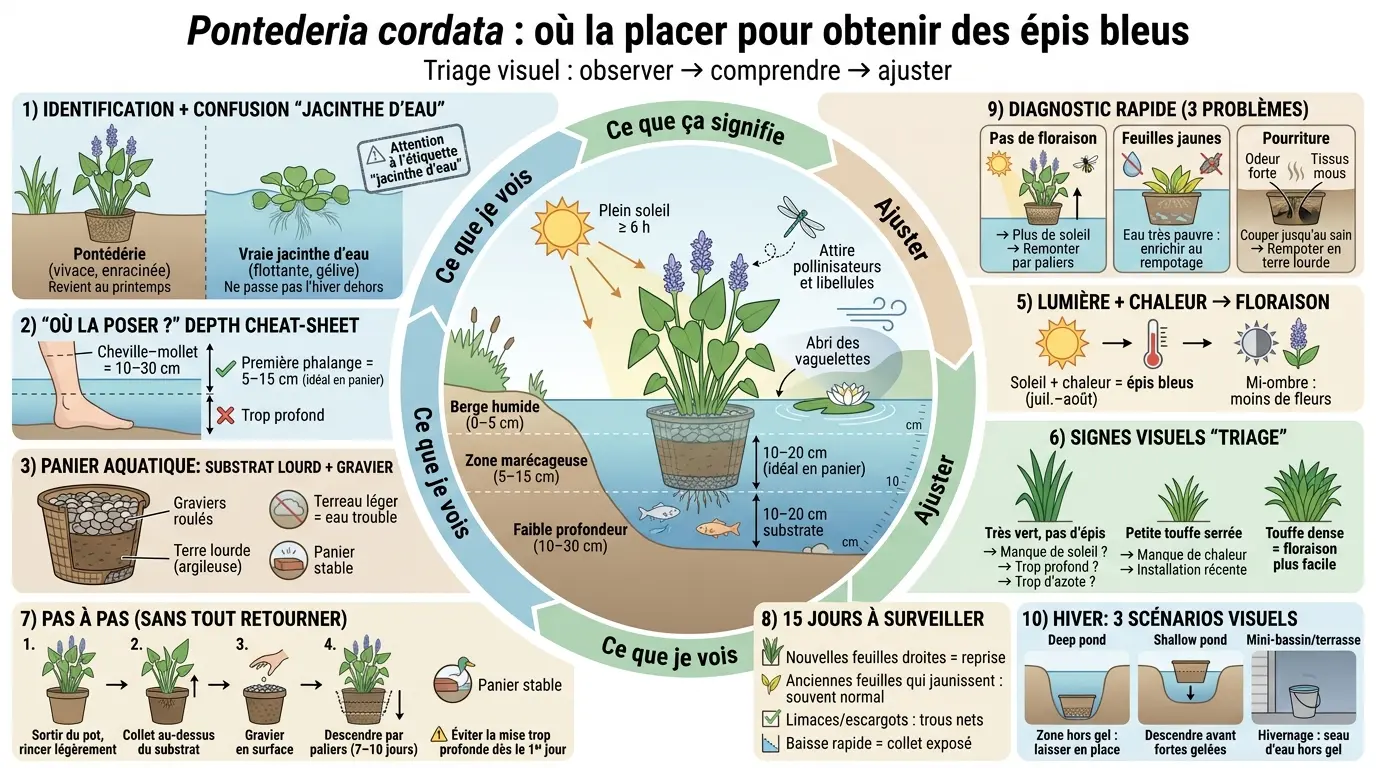 Infographie éducative sur le pontederia cordata, montrant son placement, soins et identification dans un jardin aquatique.