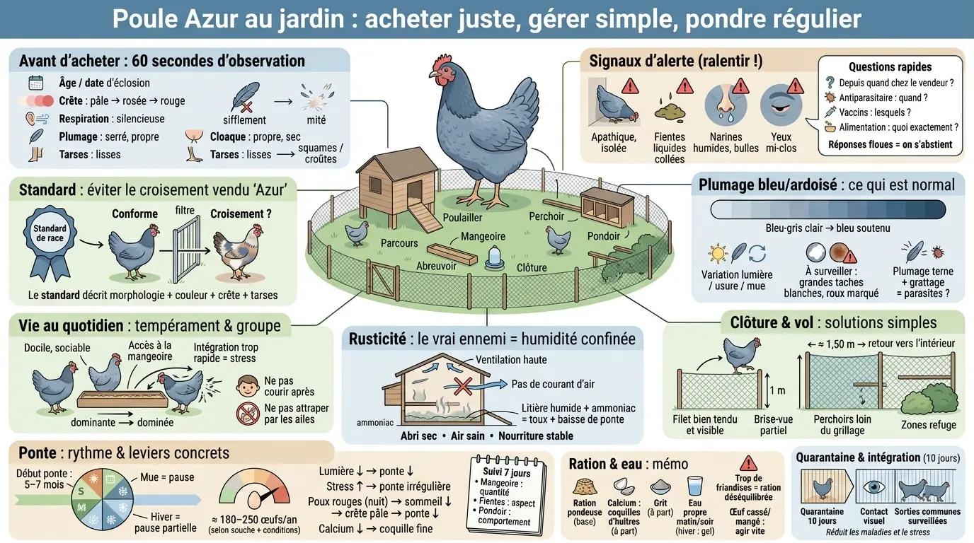 Infographie éducative sur la poule azur dans un jardin, avec conseils d'achat, signaux d'alerte et gestion quotidienne.
