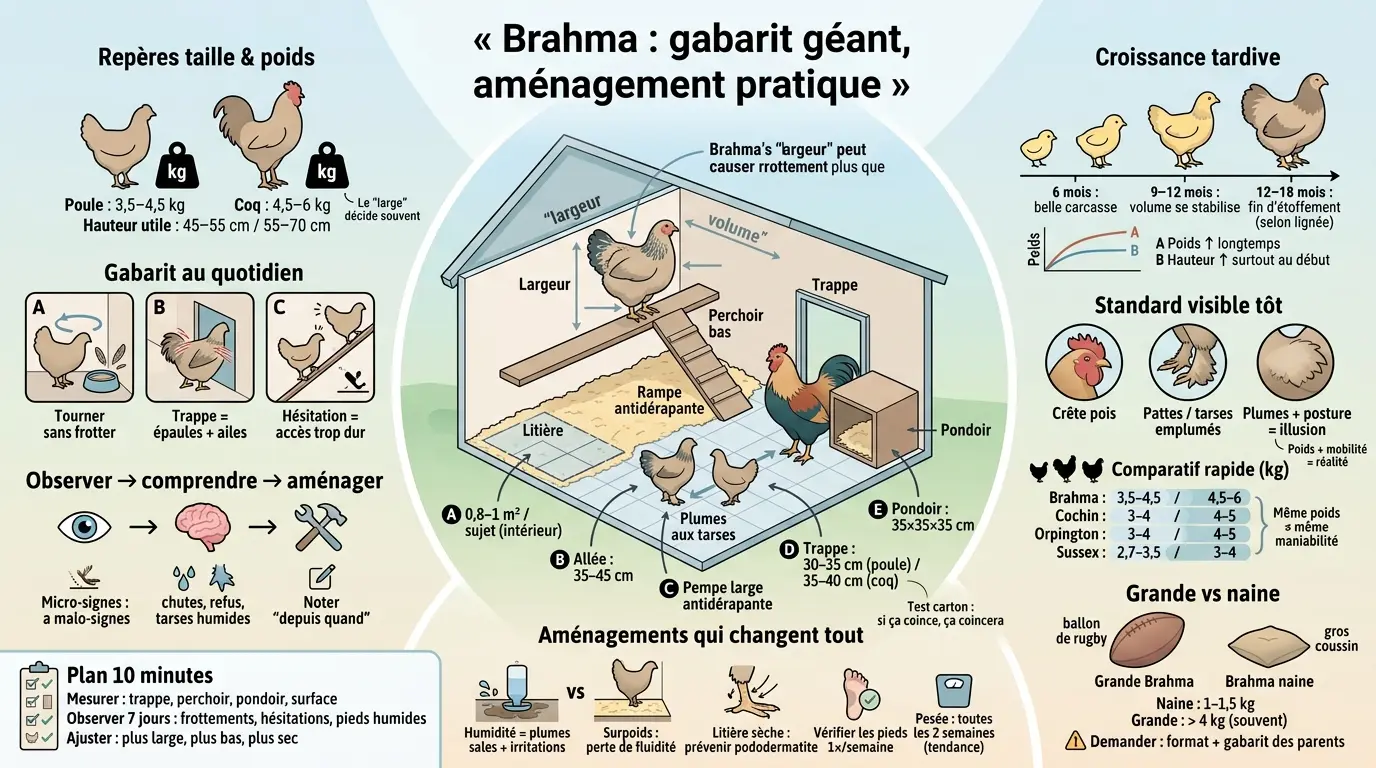 Infographie éducative sur la taille de la poule brahma, montrant son gabarit, aménagements pratiques et conseils d'observation.