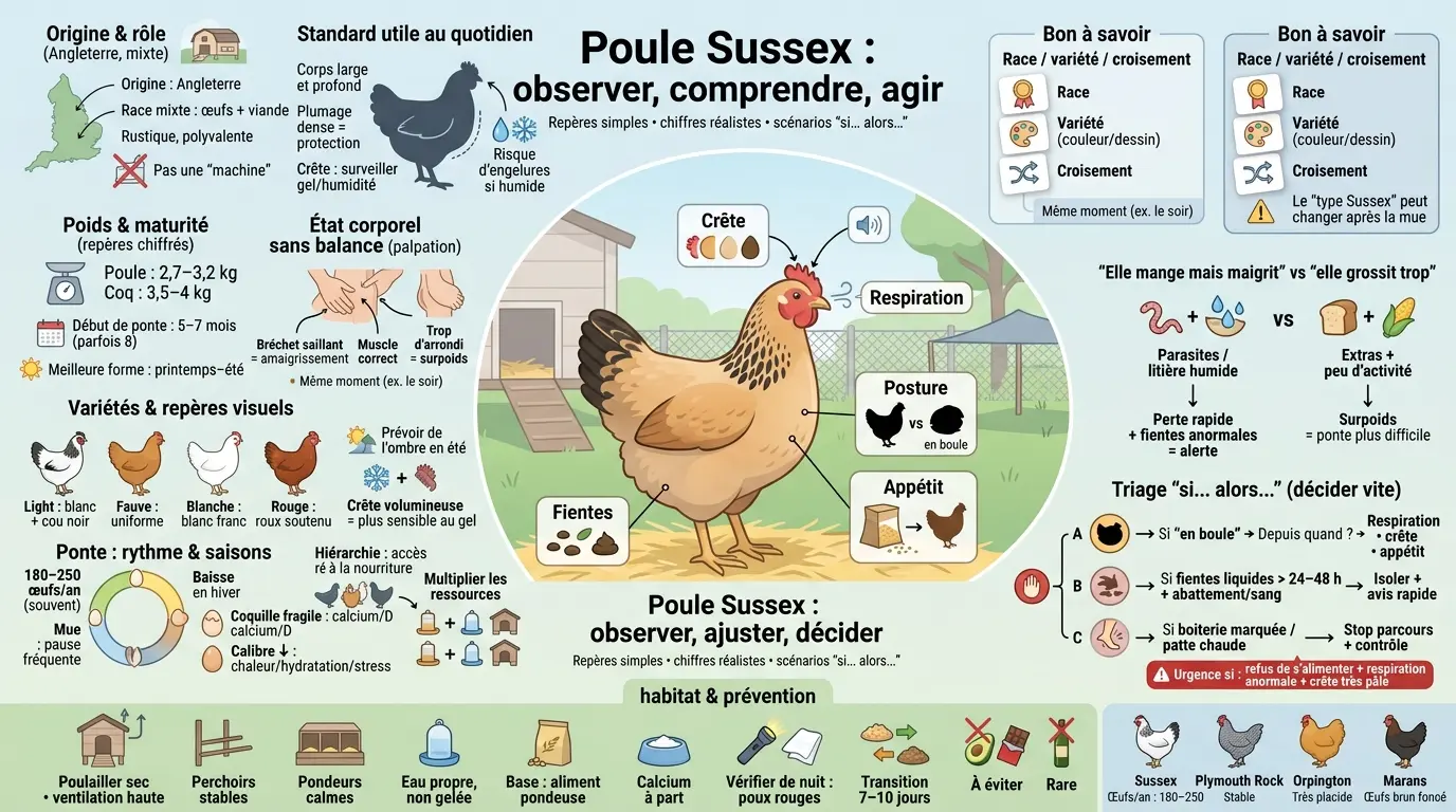Infographie éducative sur la poule sussex, avec illustrations sur l'observation, la santé et le comportement de cette race.