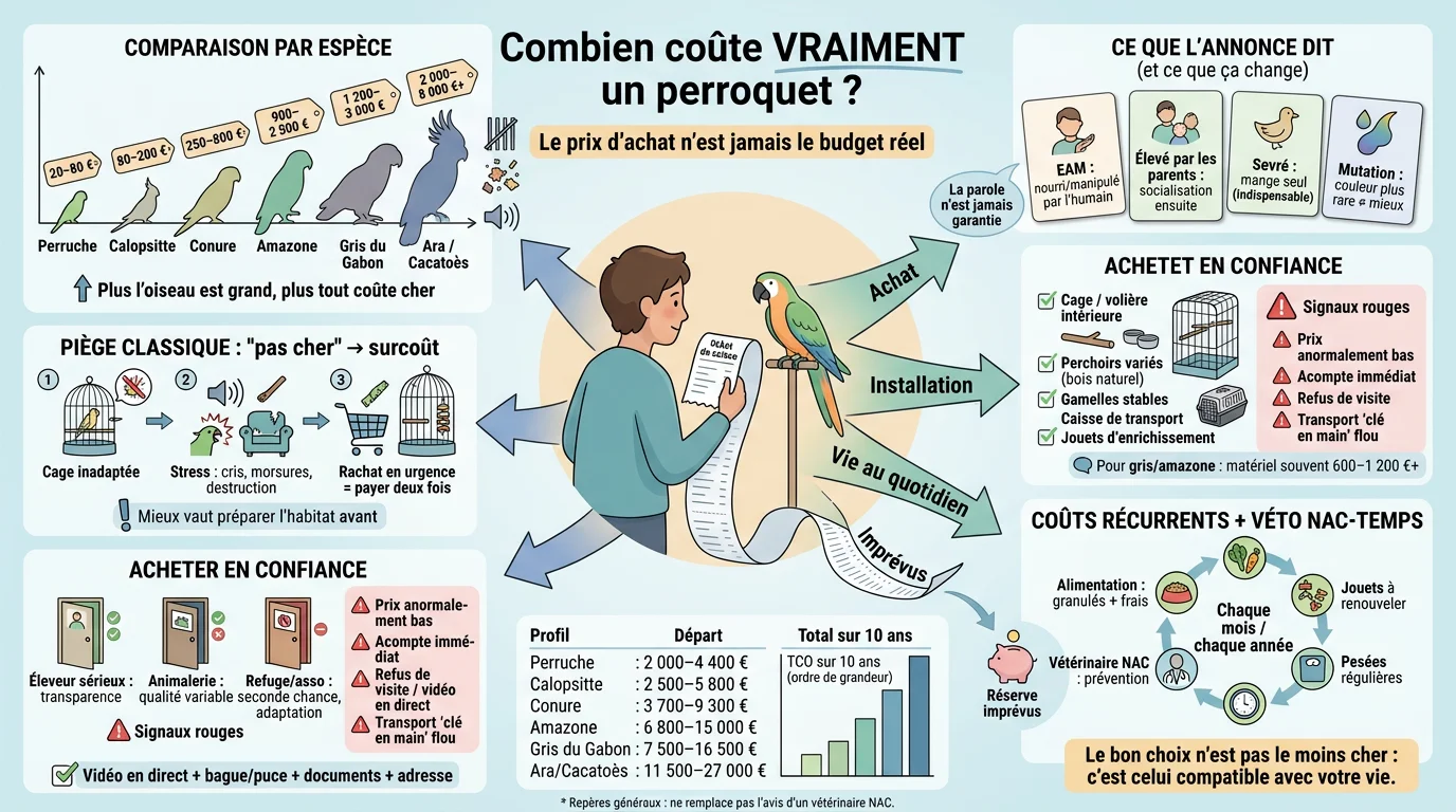 Infographie éducative sur le prix des perroquets, détaillant les coûts réels d'adoption et d'entretien.