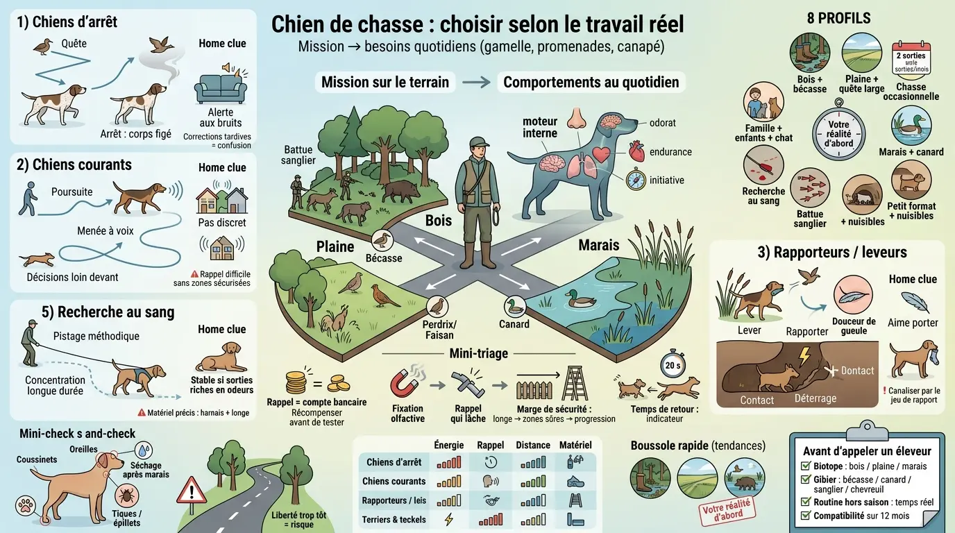 Infographie éducative sur la sélection de la race de chien de chasse selon les biotopes et missions, avec illustrations et conseils pratiques.