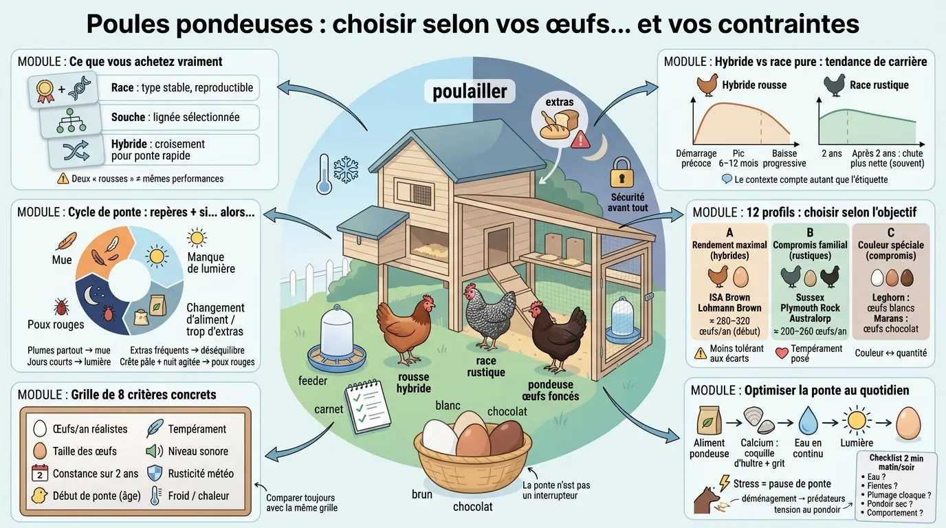 Infographie éducative sur les races de poule pondeuse, présentant des conseils pratiques pour choisir selon les œufs et contraintes.
