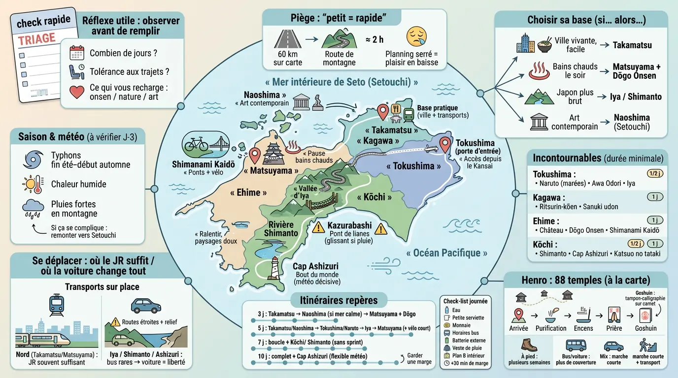 Infographie éducative sur Shikoku, carte illustrée avec zones, points d'intérêt, nature et conseils pratiques en français.