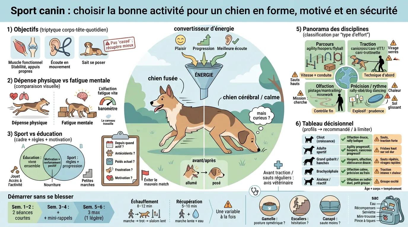 Infographie éducative sur le sport canin, présentant des activités adaptées aux besoins des chiens en forme et motivés.