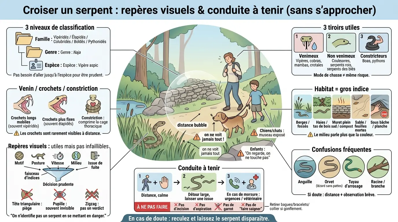 Infographie éducative sur les types de serpent, montrant un randonneur, un enfant et un chien en sécurité près d'un serpent partiellement visible.