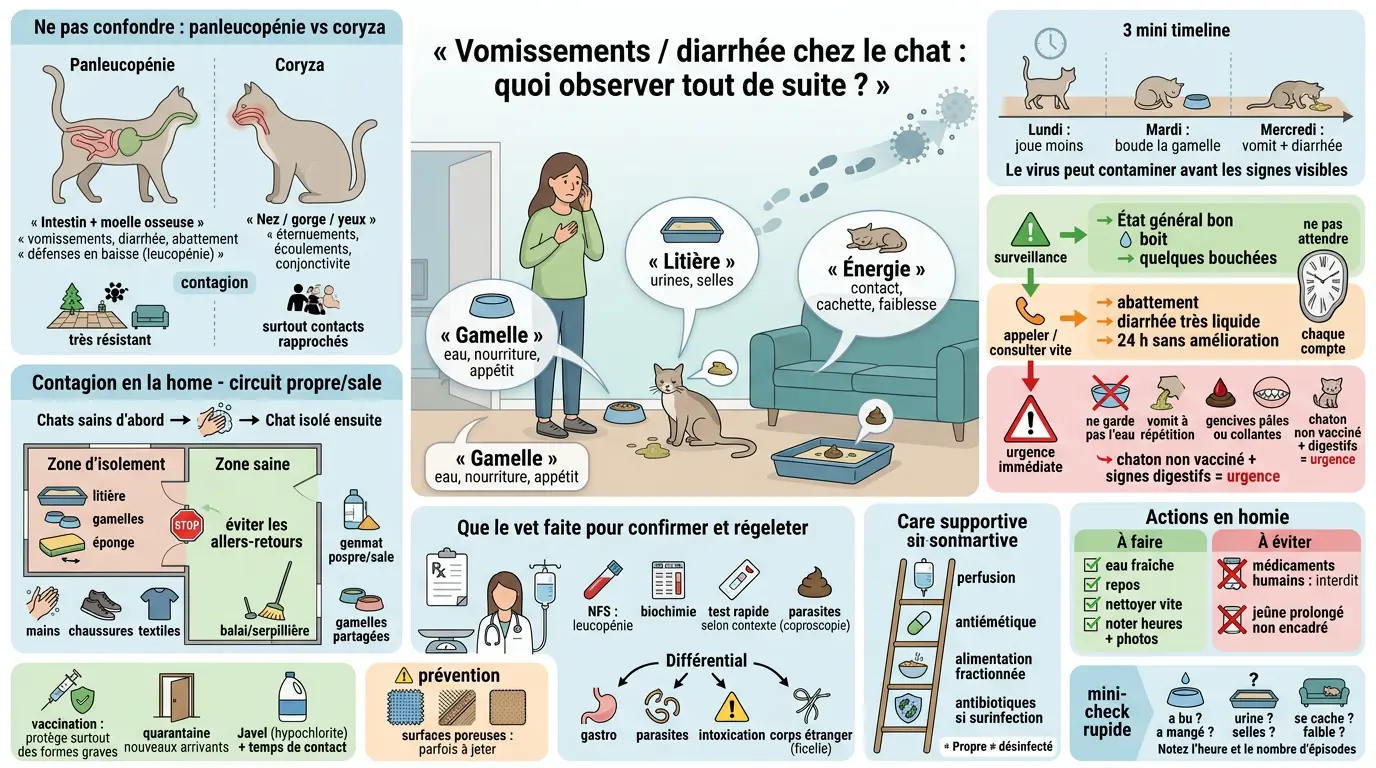 Infographie éducative sur le triage à la maison pour un chat avec vomissements ou diarrhée, incluant le typhus chat.