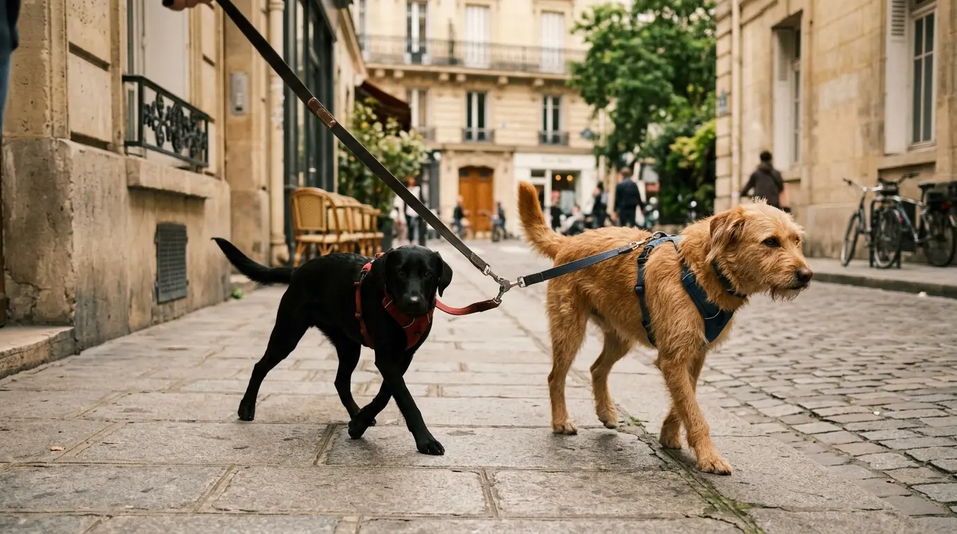 Deux chiens marchent ensemble sur un trottoir, reliés par un accouple chien, illustrant une promenade urbaine contrôlée.