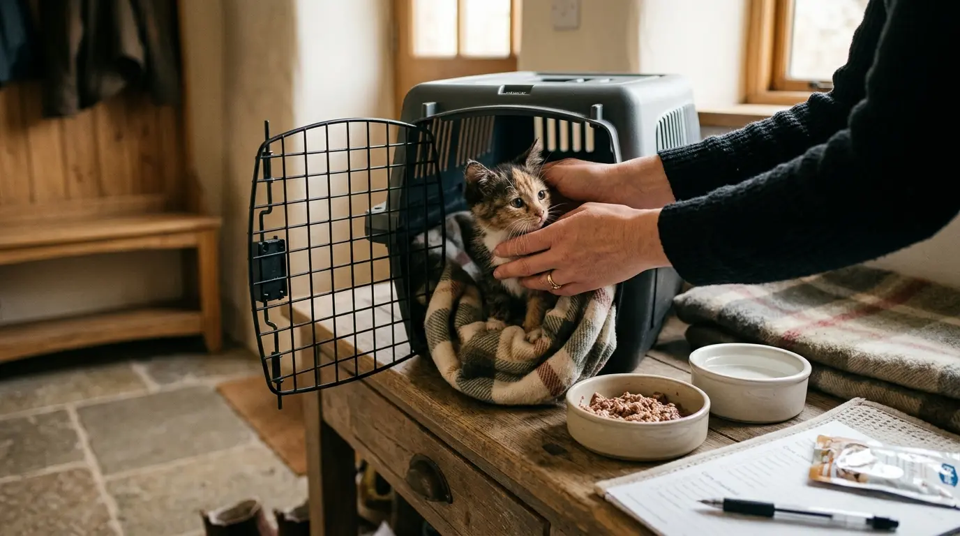 Petit chaton errant délicatement placé dans une serviette, prêt à être adopté, avec nourriture et soins à proximité.
