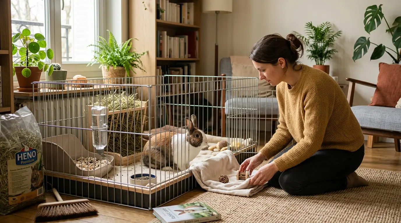 Calme intérieur avec un lapin dans un enclos sécurisé, préparatifs pour adopter un lapin dans une ambiance chaleureuse.