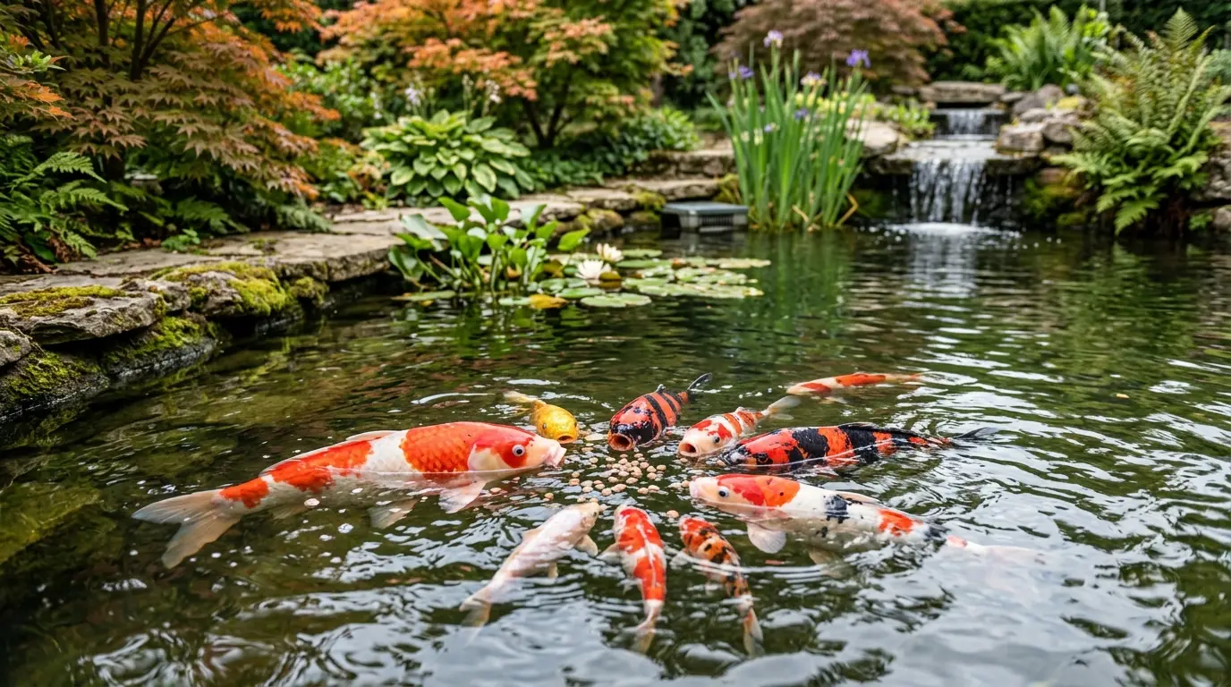 Koi carpes élégantes se nourrissant de granulés flottants dans un étang, illustrant l'alimentation carpe koi en milieu naturel.