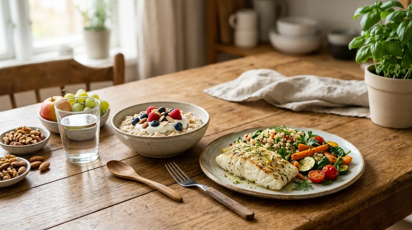 Bol de flocons d'avoine, poisson grillé, quinoa et légumes : aliments pour un ventre plat sur une table en bois chaleureux.