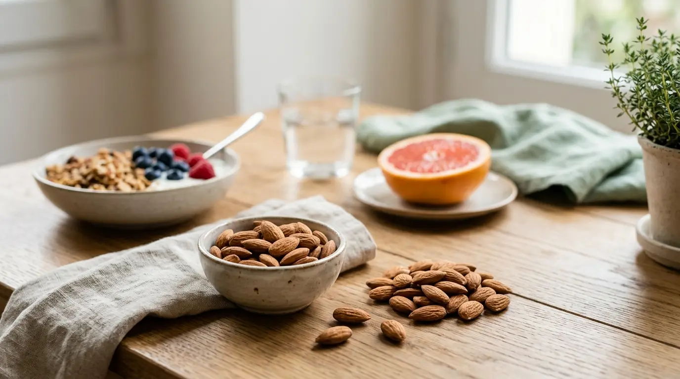 Bols d'amandes cholestérol sur une table en bois, accompagnés de fruits frais et de yaourt, évoquant une nutrition saine.